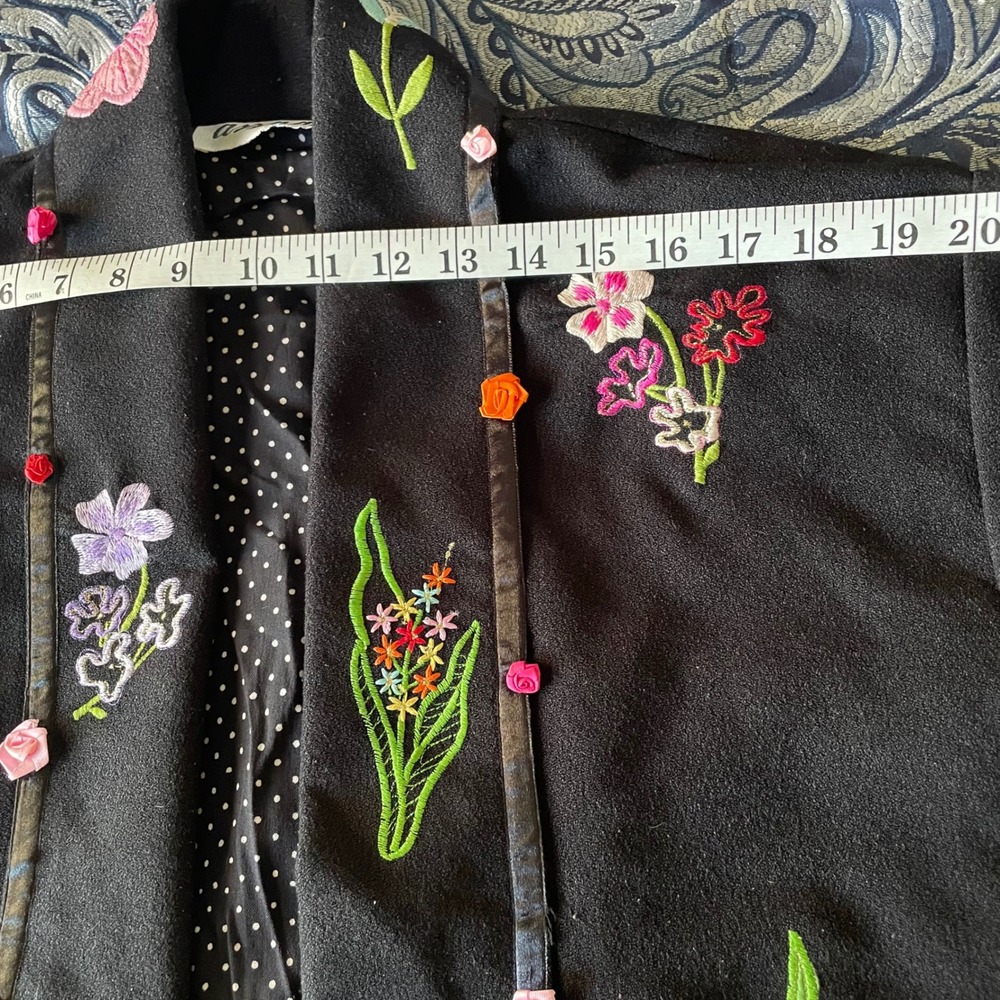 Anage Black Floral Embroidered Open Front Jacket 3D Ribbon Flowers Polka Dot OS‎ - Picture 11 of 16